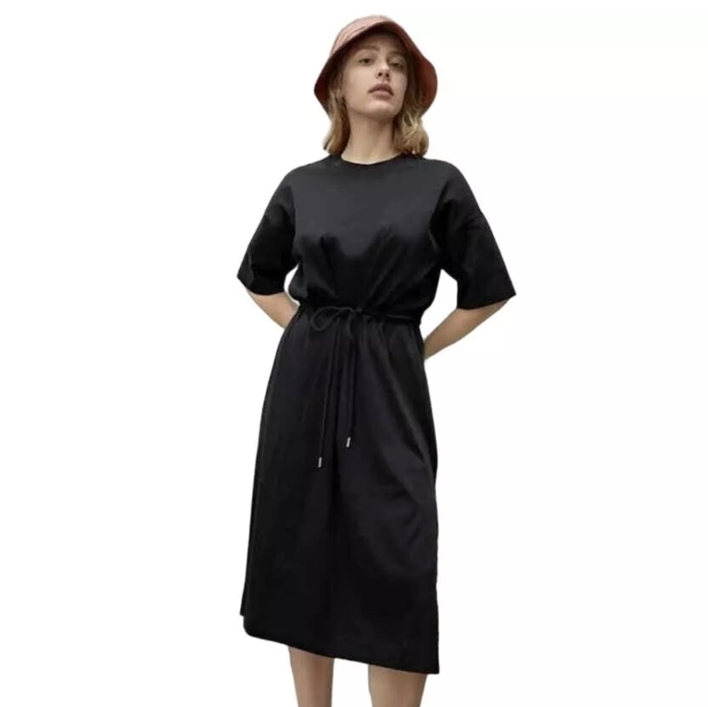 Everlane The Luxe Cotton Black Midi Dress sz XXS **missing tie**